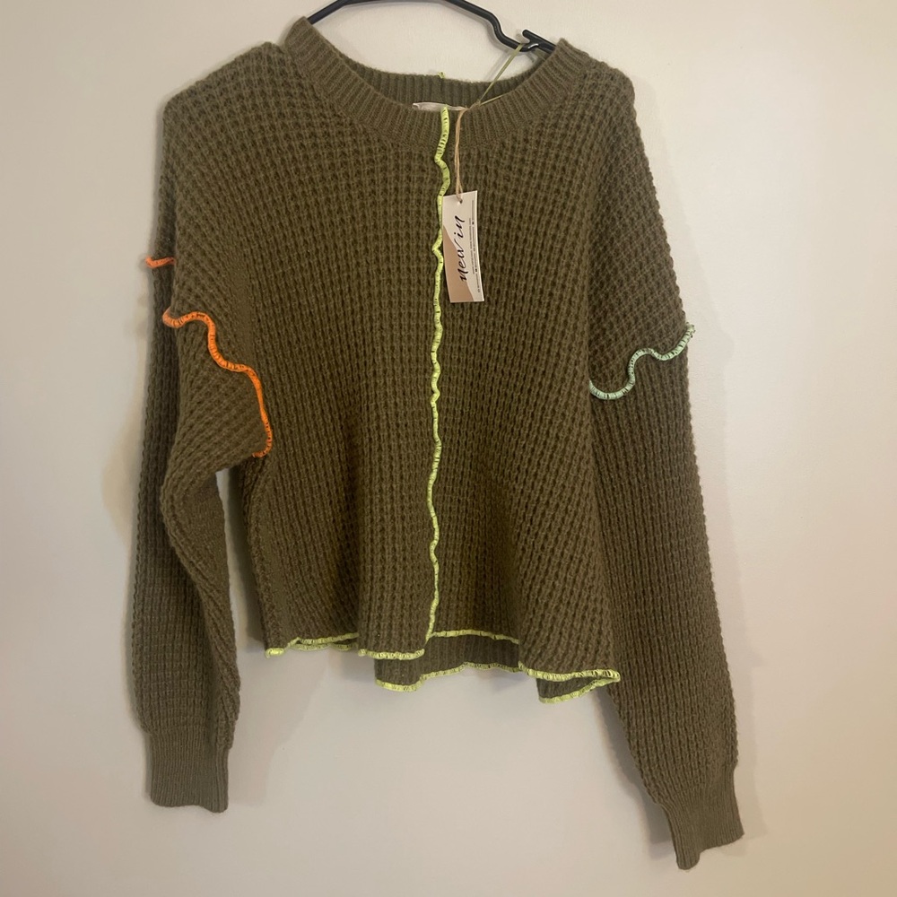 Love Riche Olive Sweater with Neon Accents